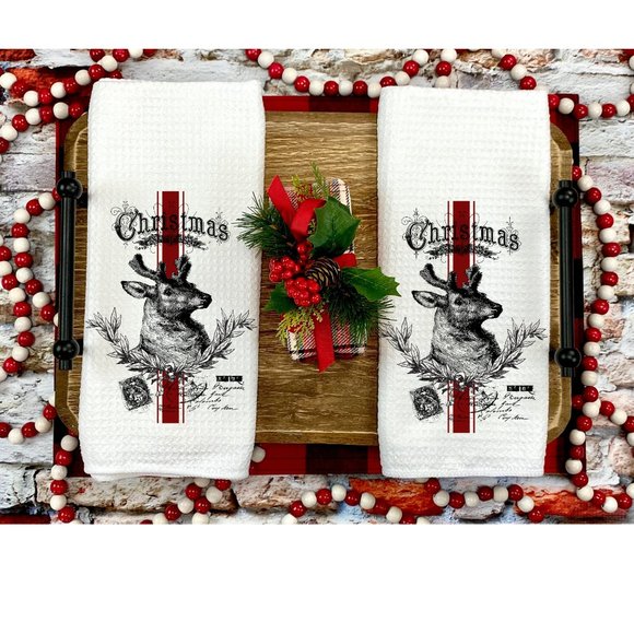 Christmas Tea Towels, Set of 2, New, Kitchen and Bath, Reindeer, Christmas gift - Picture 2 of 3